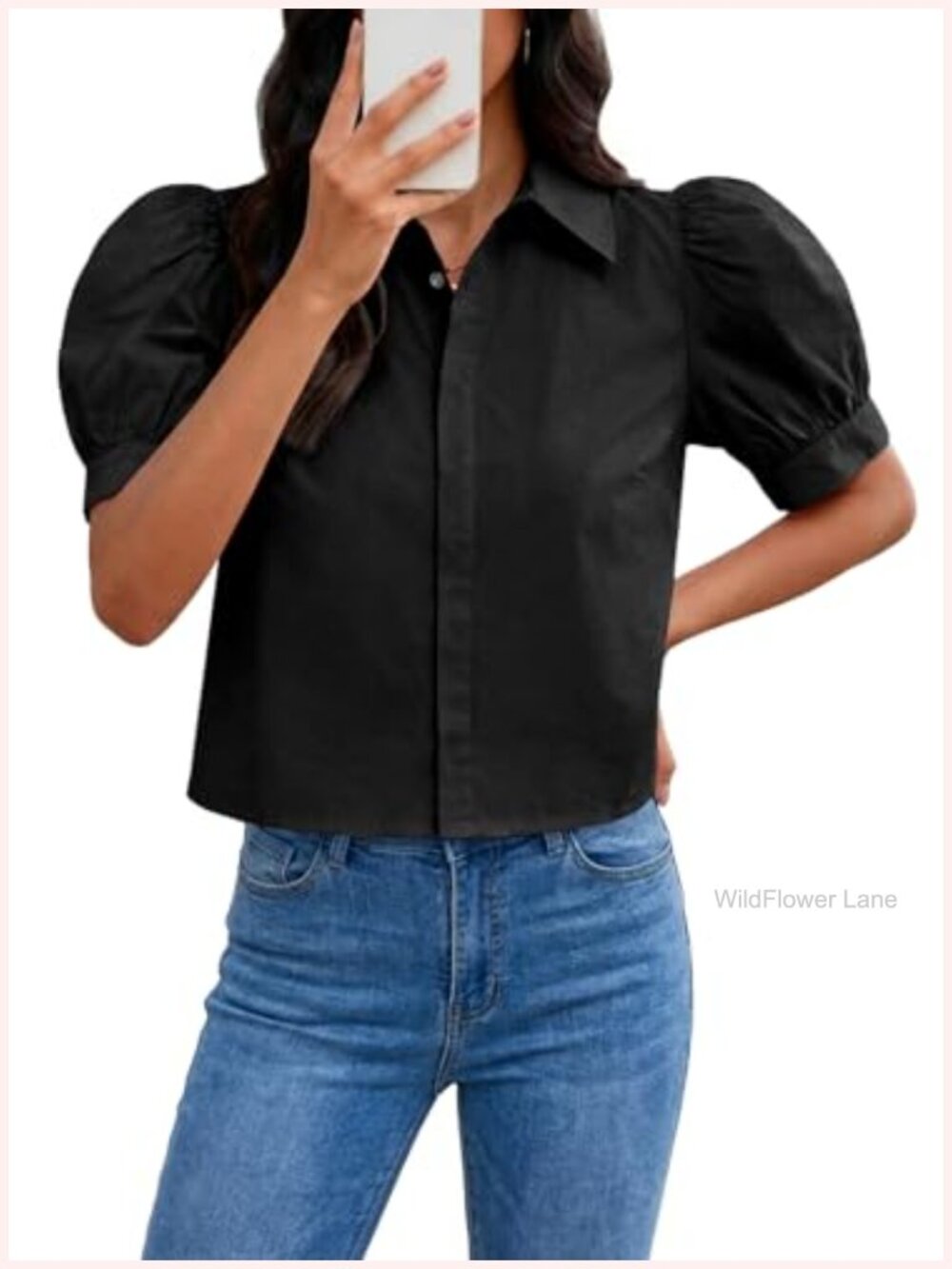 Cropped Puff Sleeve Button Down Shirt Cotton Blouse